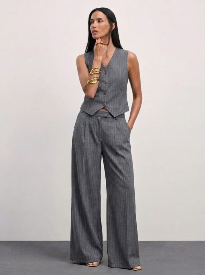 The Madison Pinstripe Wide-Leg Trousers - Gray