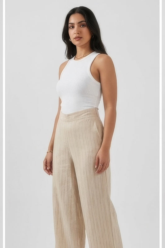High Waisted Striped Linen Classic Trouser - Beige