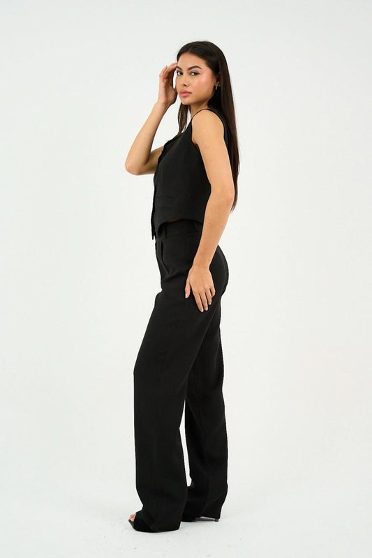 Black Classic Vest & Pleated Straight Pants Set - Hushy Wear
