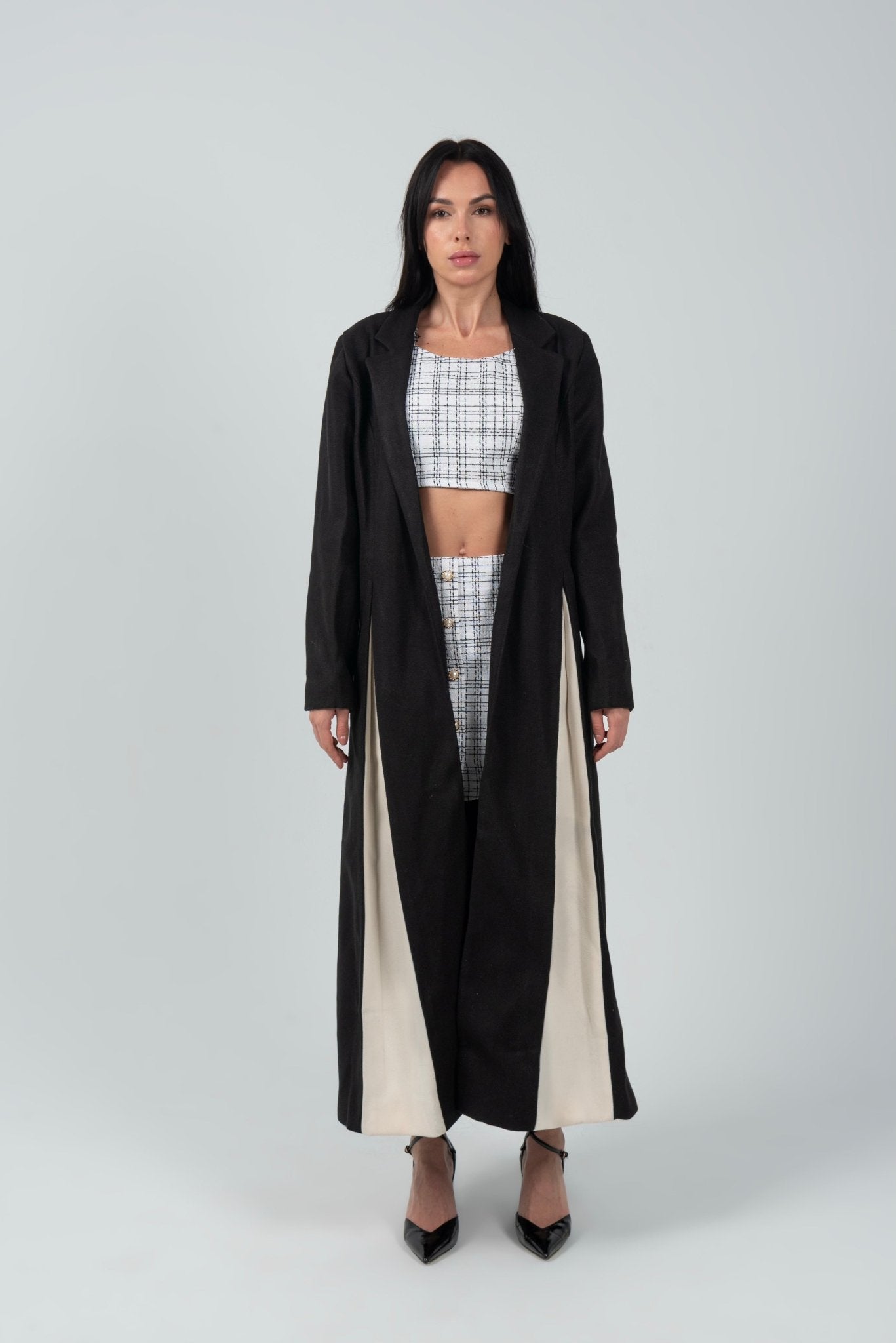 Black Full Length Wool Coat With White Side - Hushy Wear
