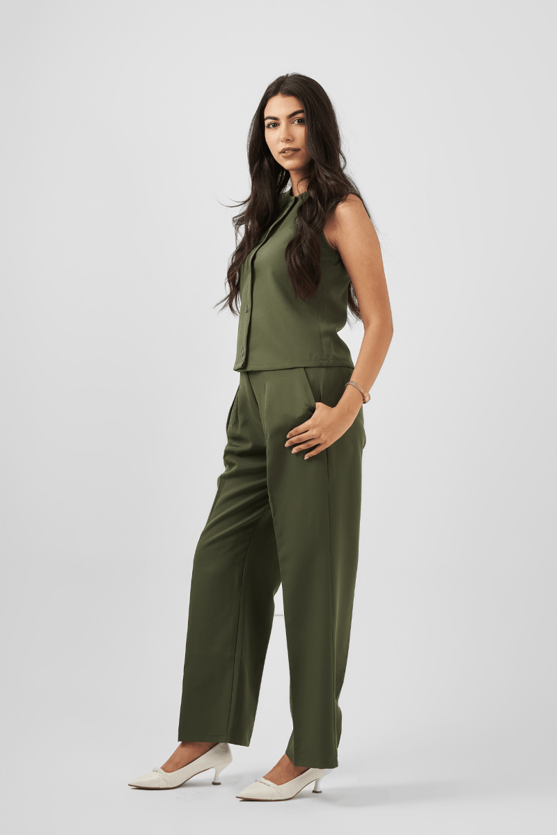 Button Down Sleeveless Top in Olive Green - Hushy Wear