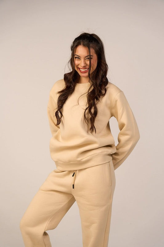 Crew Neck Pullover & Sweatpants - Set - Beige - Hushy Wear