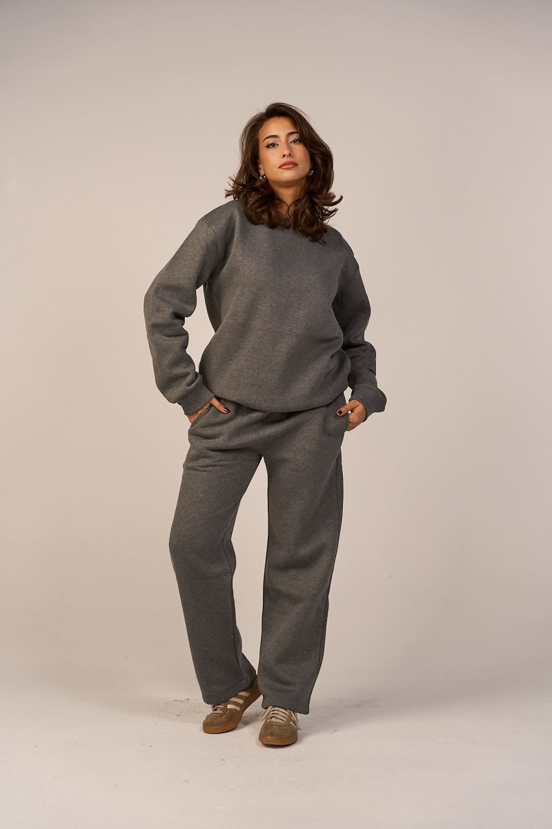 Crew Neck Pullover & Sweatpants - Set - Gray - Hushy Wear