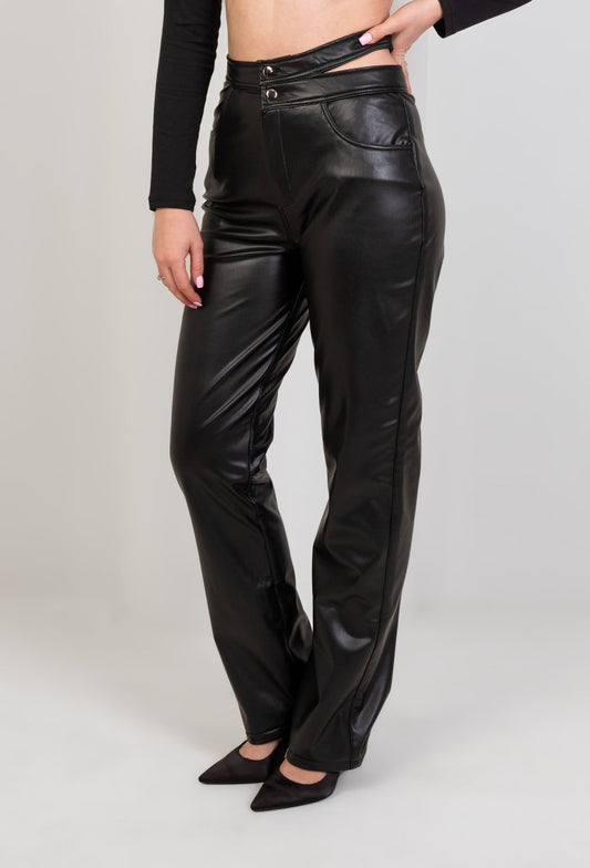 Faux Leather Wide Leg Pants - Black - Hushy Wear