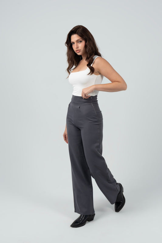 Gray High - Waist Classic Trousers - Hushy Wear