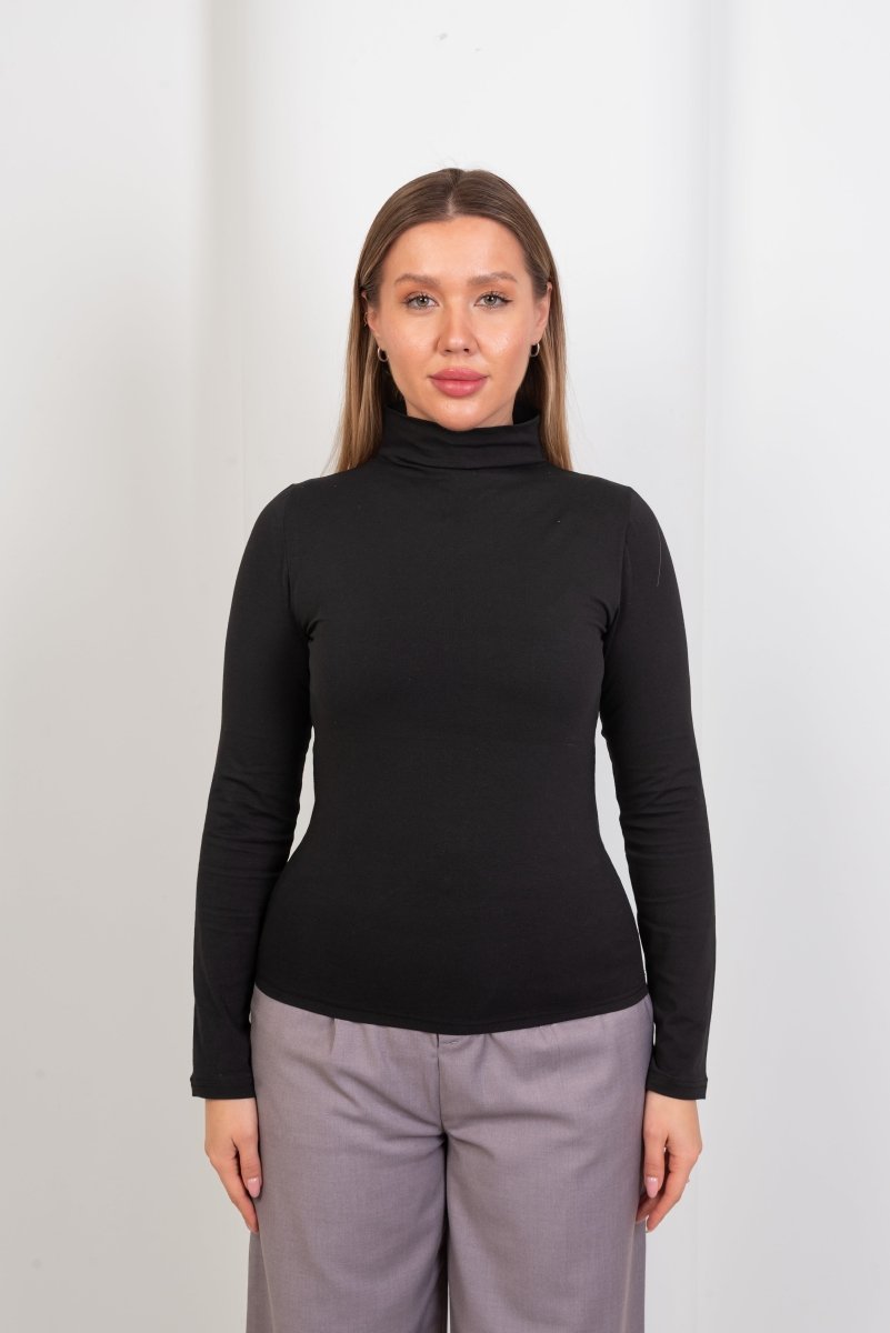 High - Neck Long Sleeve Top - Black - Hushy Wear