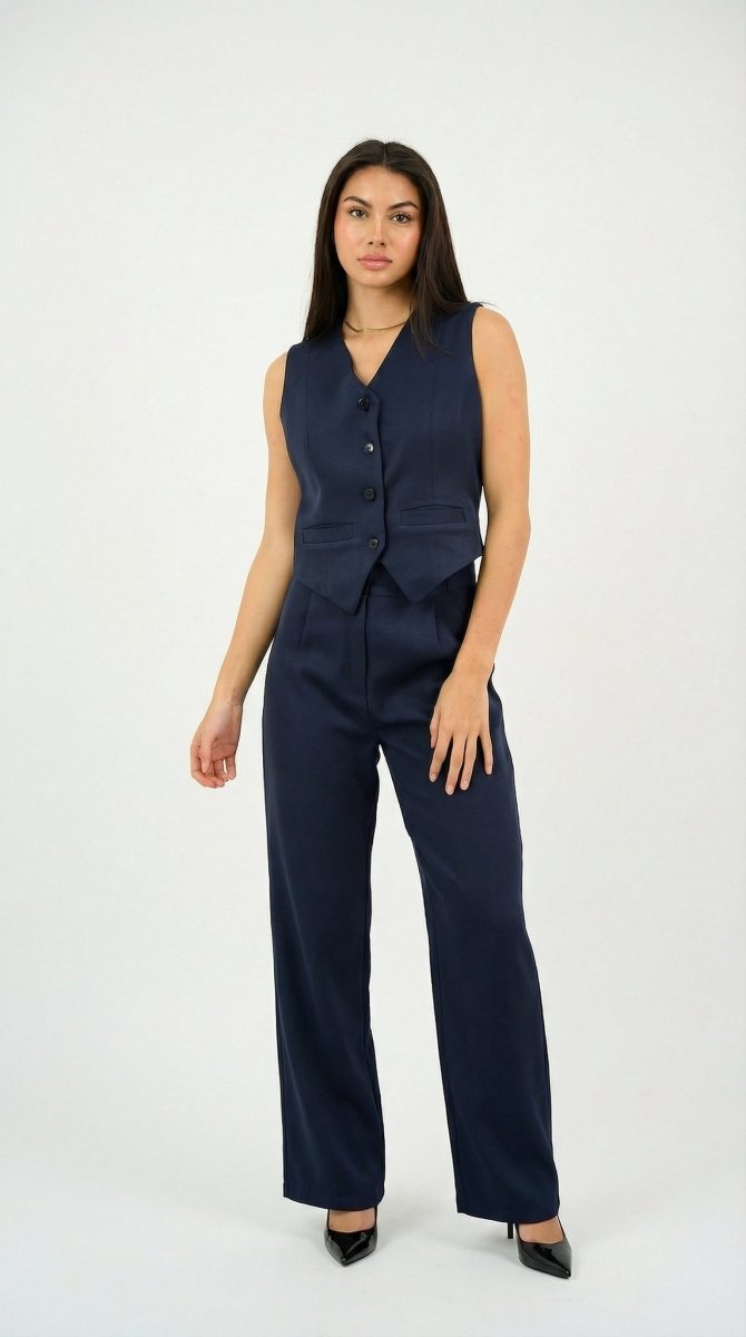 Navy Classic Vest & Pleated Straight Pants Set - Hushy Wear