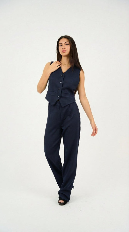 Navy Classic Vest & Pleated Straight Pants Set - Hushy Wear