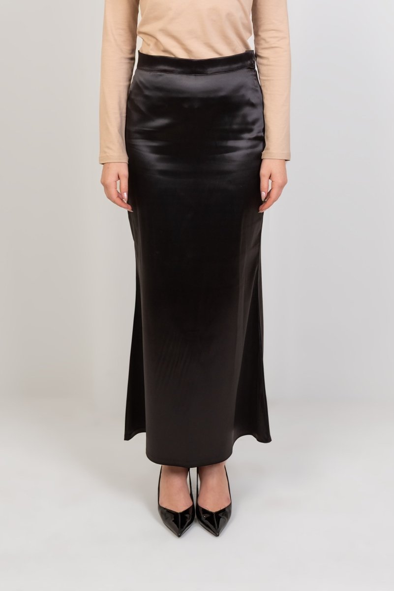 Satin High Waisted Maxi Skirt - Black - Hushy Wear