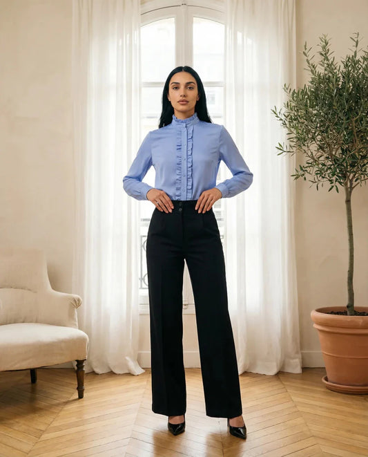 Sky Blue Ruffled Collar Button - Up Blouse - Hushy Wear