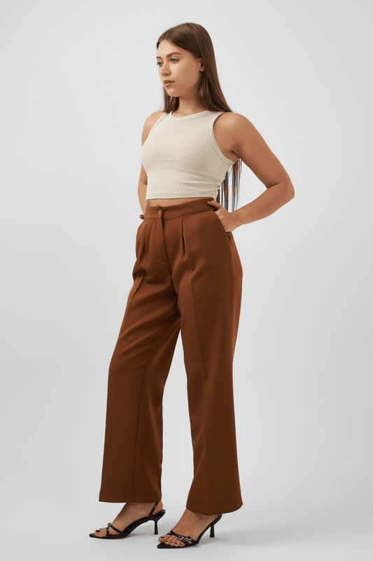 Straight Leg Trousers in Brown - Hushy Wear