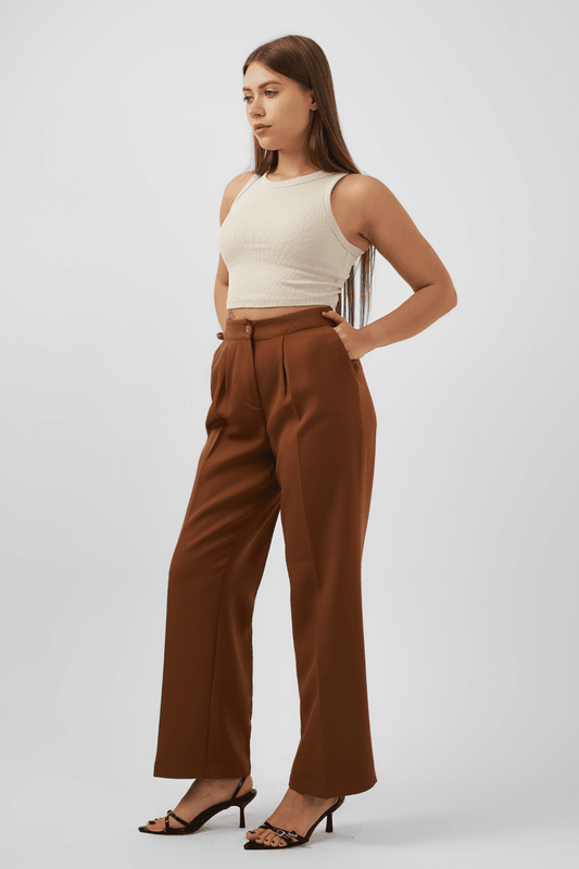 Straight Leg Trousers in Brown - Hushy Wear